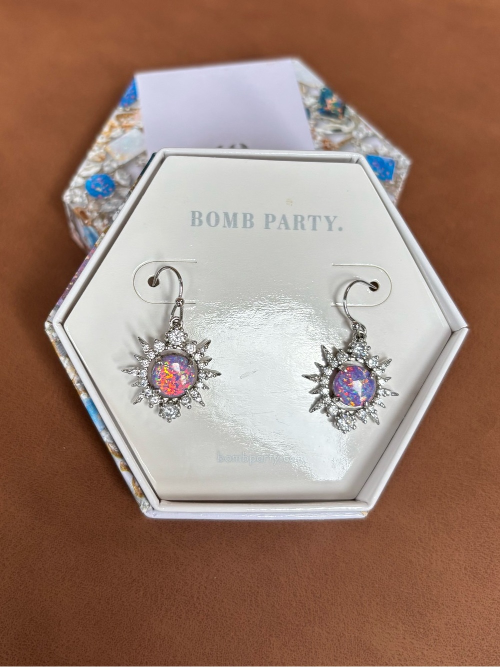 Bomb Party Lavender Fire Opal Sunburst Drop Earrings